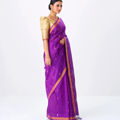 Purple Handloom Uppada Silk Saree With Zari Buttas