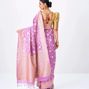 Lavender Handloom Banarasi Silk Saree With Gold & Silver Zari Floral Motifs