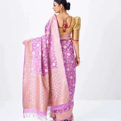 Lavender Handloom Banarasi Silk Saree With Gold & Silver Zari Floral Motifs