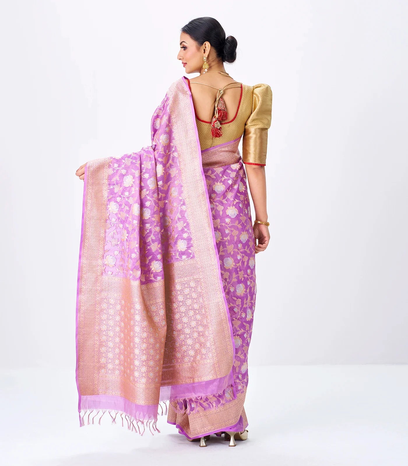 Lavender Handloom Banarasi Silk Saree With Gold & Silver Zari Floral Motifs