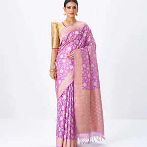 Lavender Handloom Banarasi Silk Saree With Gold & Silver Zari Floral Motifs