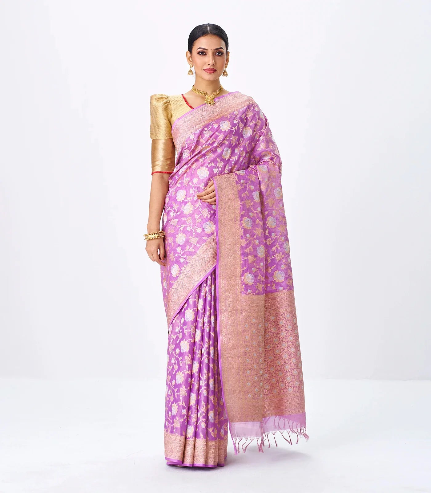 Lavender Handloom Banarasi Silk Saree With Gold & Silver Zari Floral Motifs