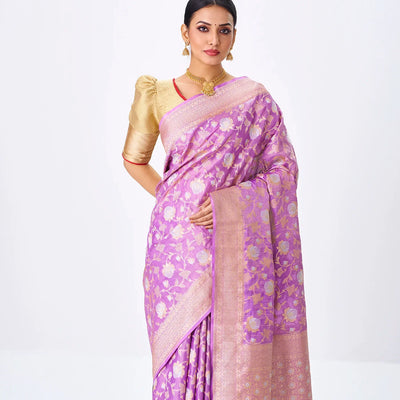 Lavender Handloom Banarasi Silk Saree With Gold & Silver Zari Floral Motifs