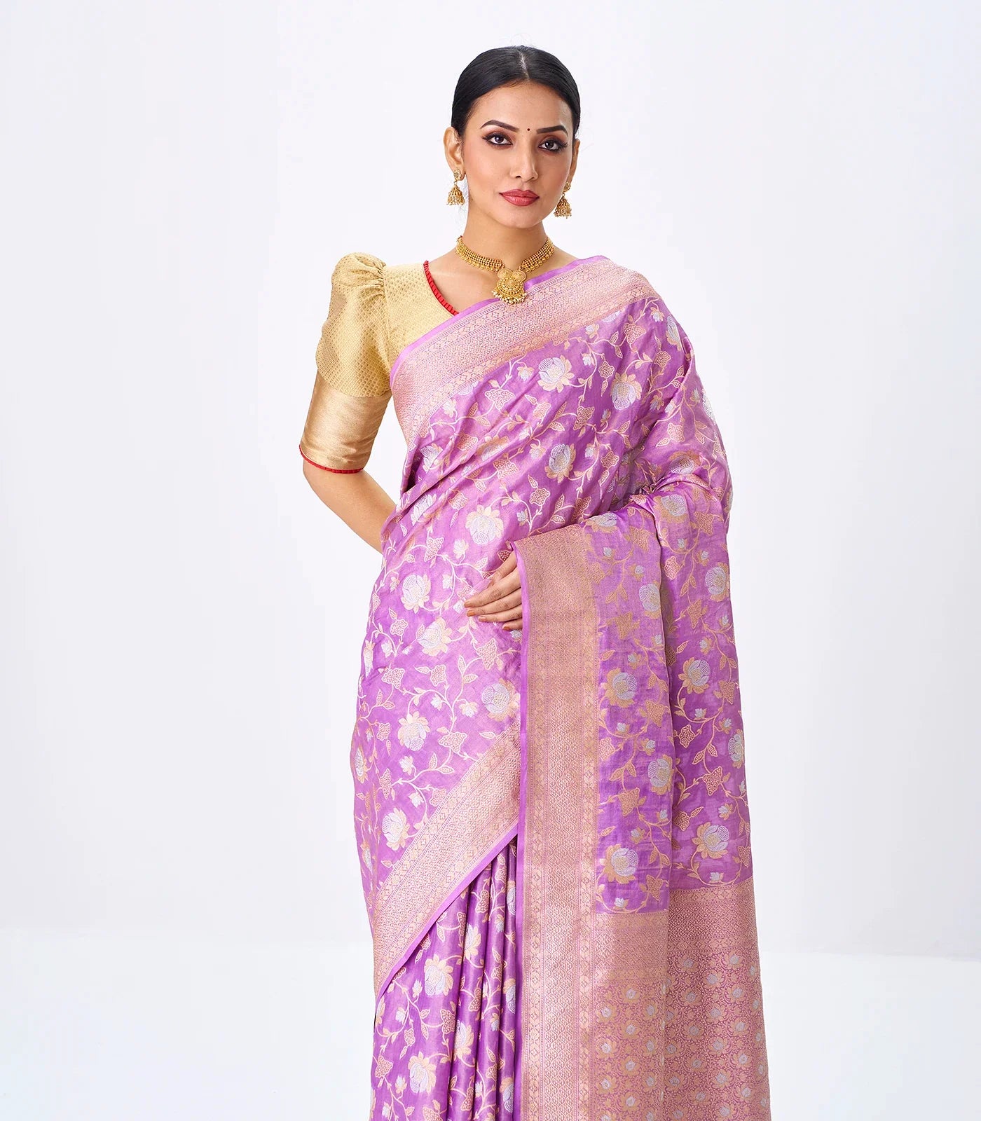 Lavender Handloom Banarasi Silk Saree With Gold & Silver Zari Floral Motifs