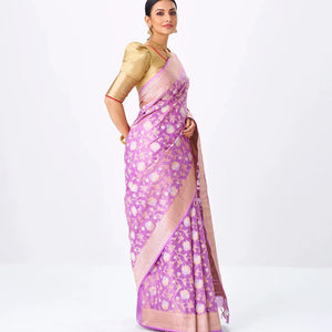 Lavender Handloom Banarasi Silk Saree With Gold & Silver Zari Floral Motifs