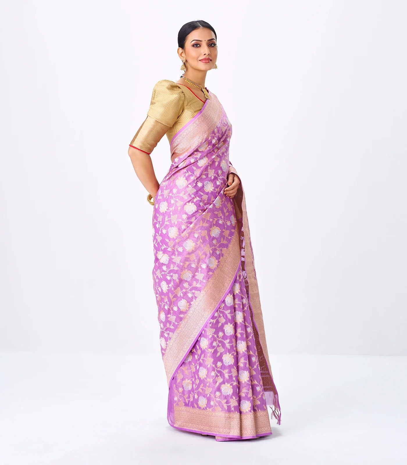 Lavender Handloom Banarasi Silk Saree With Gold & Silver Zari Floral Motifs