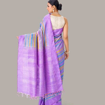 Lavender Handloom Kanchipuram Silk Saree With Multi Stripes