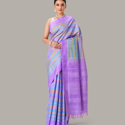 Lavender Handloom Kanchipuram Silk Saree With Multi Stripes