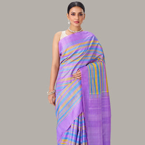 Lavender Handloom Kanchipuram Silk Saree With Multi Stripes