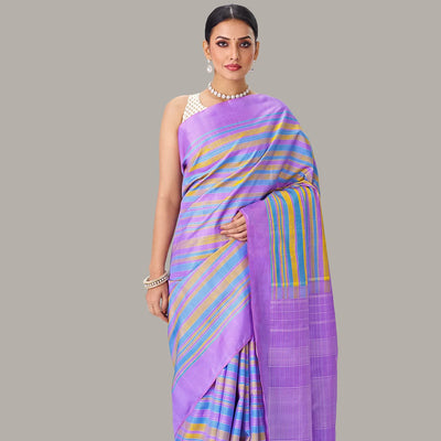 Lavender Handloom Kanchipuram Silk Saree With Multi Stripes