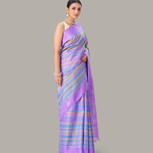 Lavender Handloom Kanchipuram Silk Saree With Multi Stripes