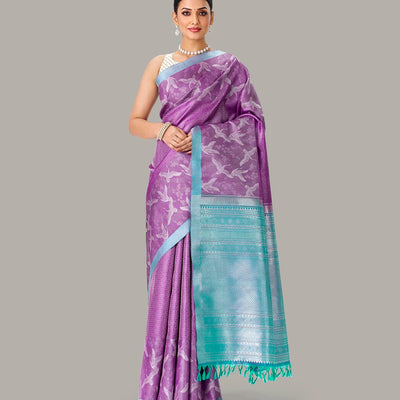 Lilac Handloom Kanchipuram Silk Saree With Bird Motifs