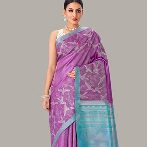 Lilac Handloom Kanchipuram Silk Saree With Bird Motifs