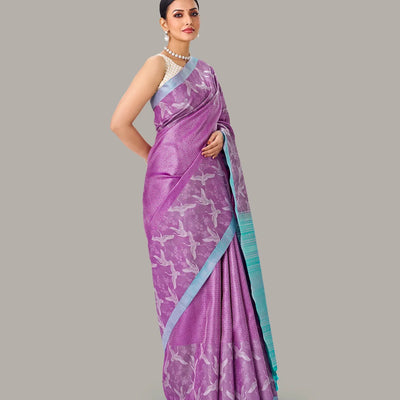 Lilac Handloom Kanchipuram Silk Saree With Bird Motifs