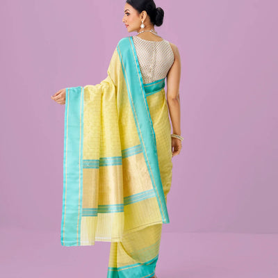 Yellow Handloom Chanderi Cotton Saree With Zari Checks