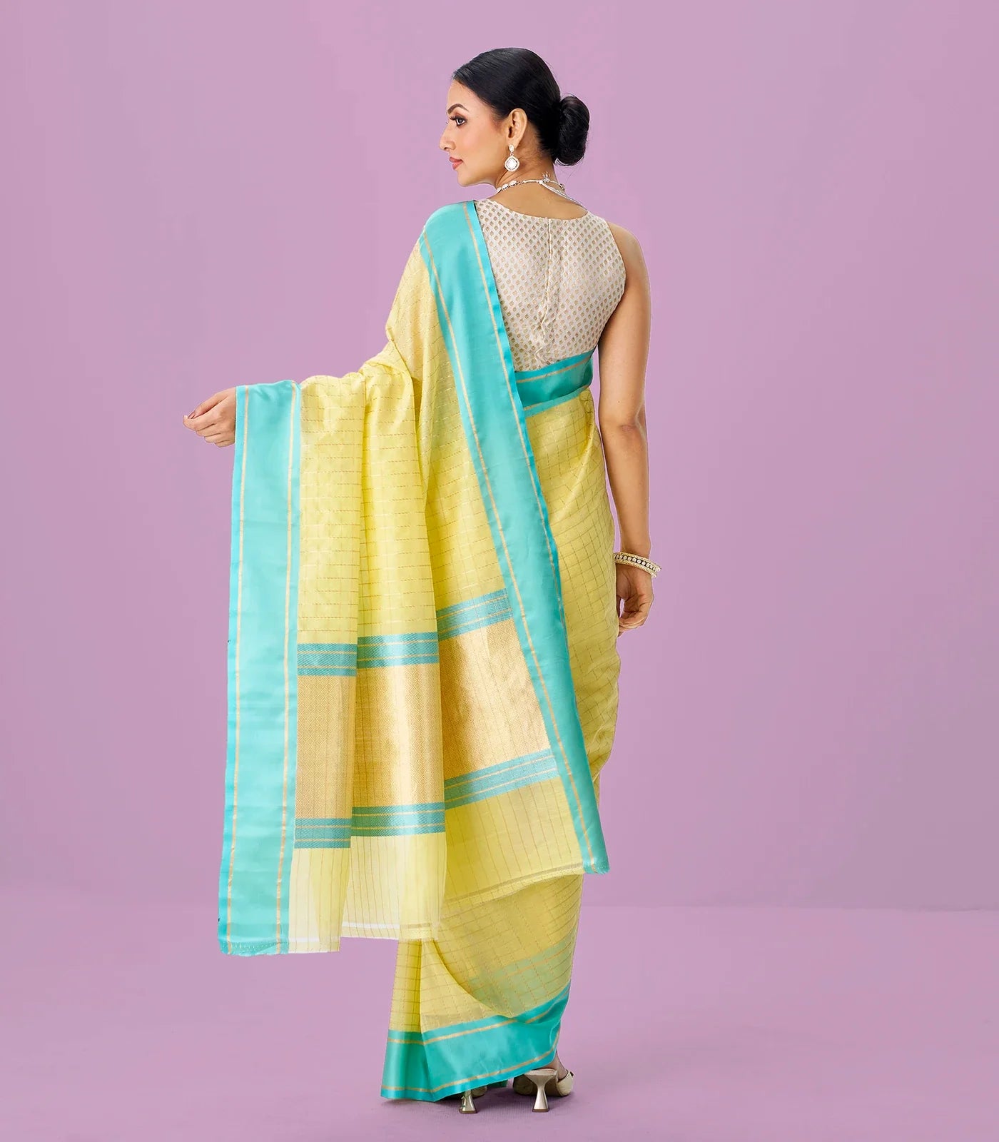 Yellow Handloom Chanderi Cotton Saree With Zari Checks