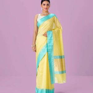 Yellow Handloom Chanderi Cotton Saree With Zari Checks