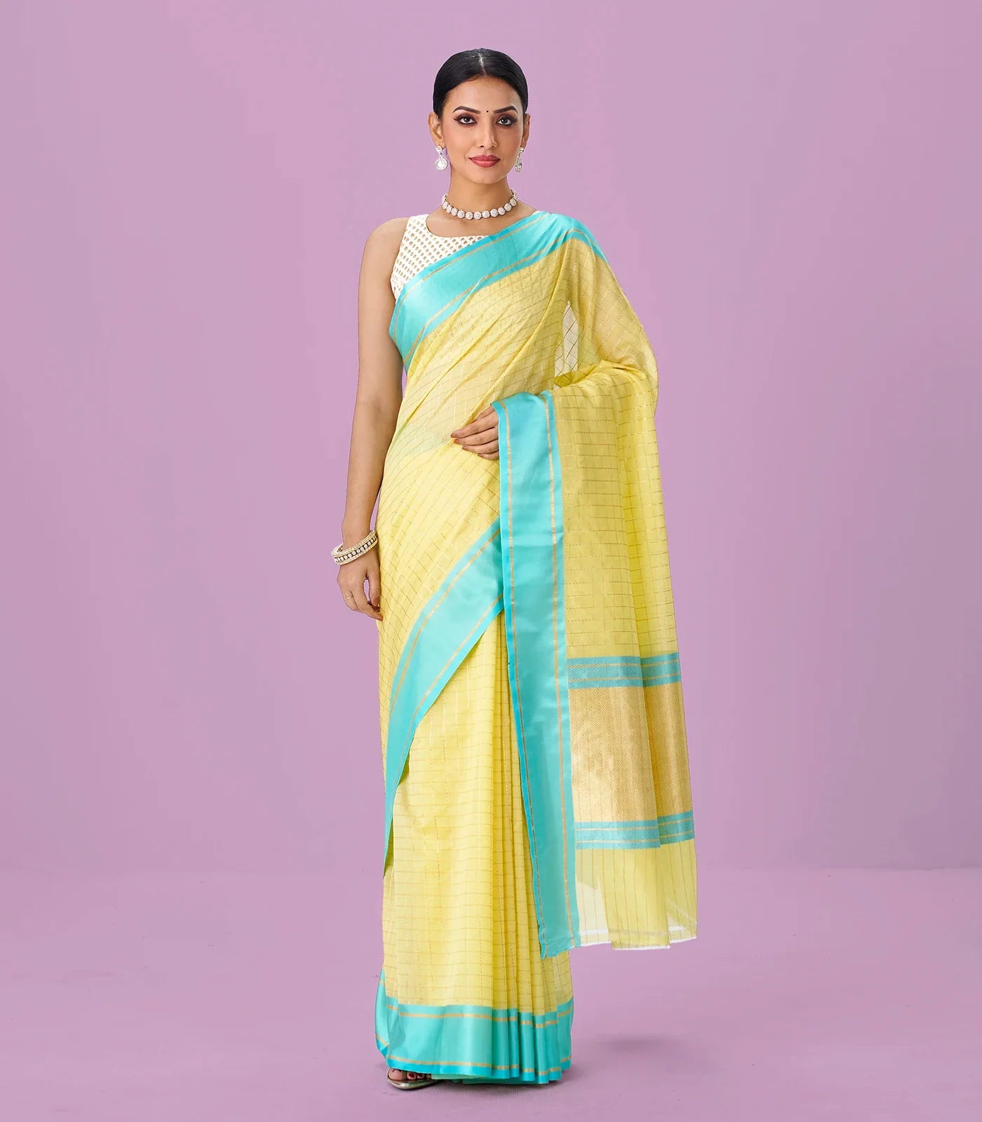 Yellow Handloom Chanderi Cotton Saree With Zari Checks