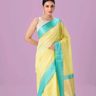 Yellow Handloom Chanderi Cotton Saree With Zari Checks