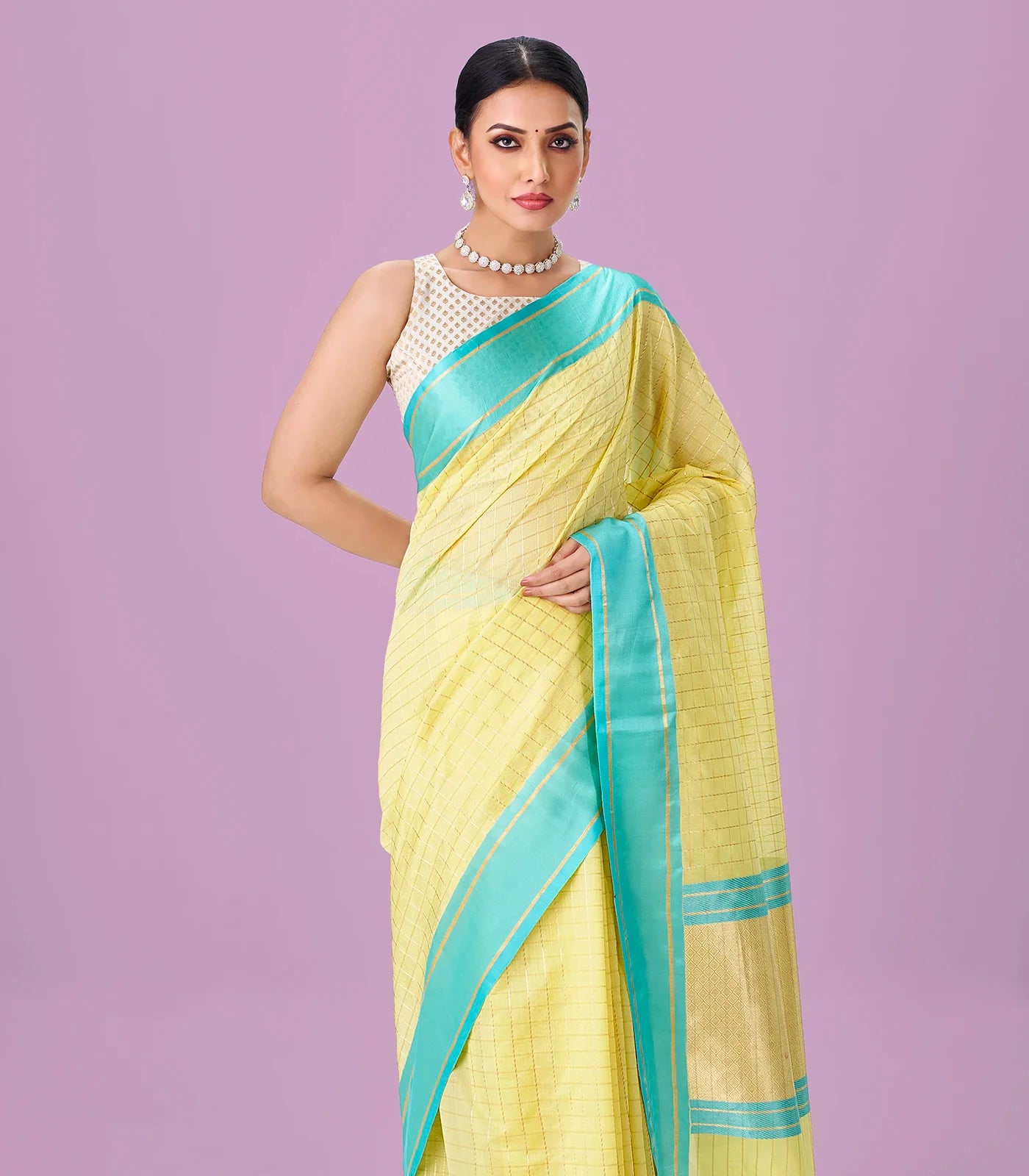 Yellow Handloom Chanderi Cotton Saree With Zari Checks