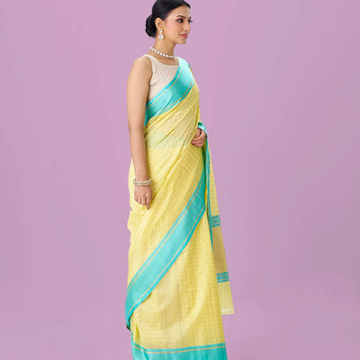 Yellow Handloom Chanderi Cotton Saree With Zari Checks