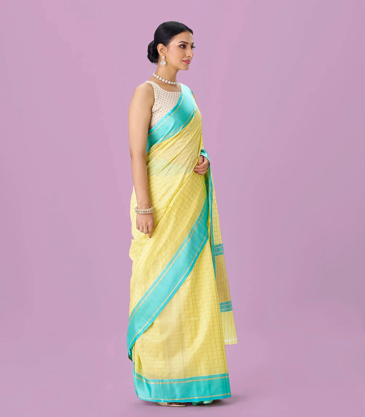 Yellow Handloom Chanderi Cotton Saree With Zari Checks