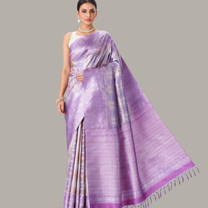 Lavender Handloom Kanchipuram Silk Saree With Zari Checks