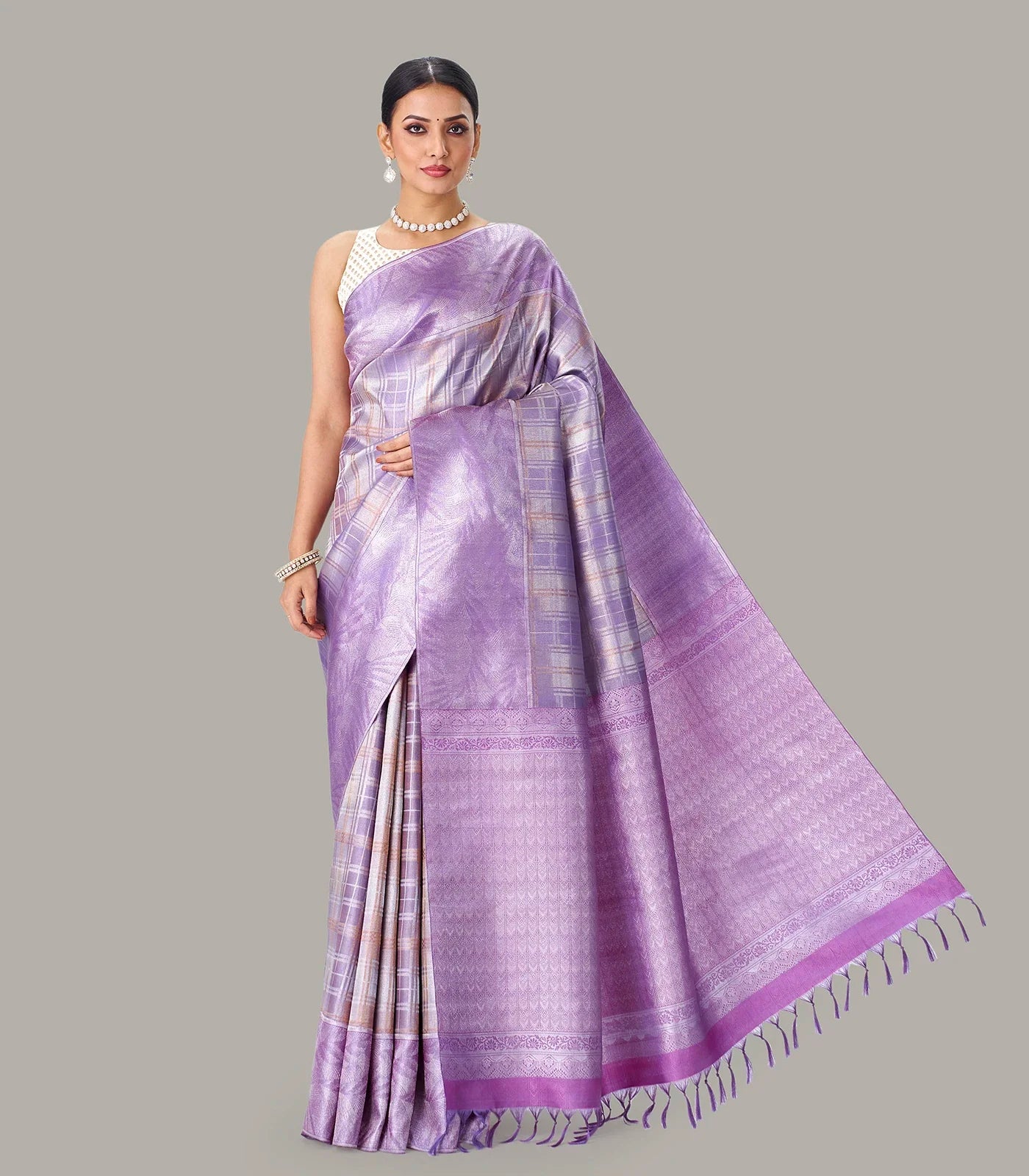 Lavender Handloom Kanchipuram Silk Saree With Zari Checks