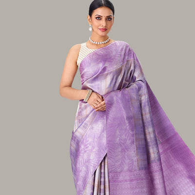 Lavender Handloom Kanchipuram Silk Saree With Zari Checks