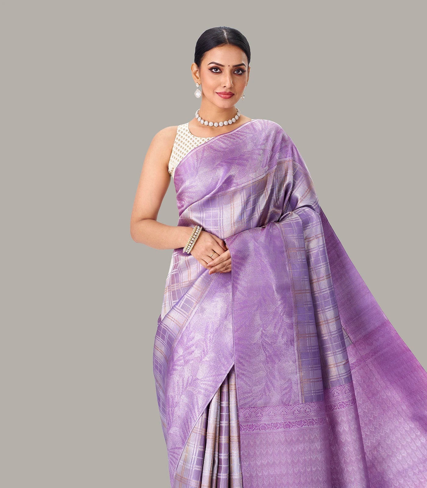 Lavender Handloom Kanchipuram Silk Saree With Zari Checks