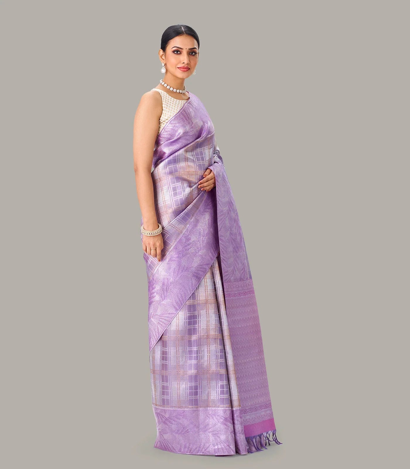 Lavender Handloom Kanchipuram Silk Saree With Zari Checks