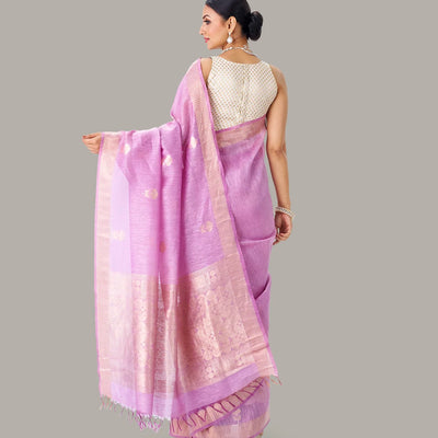 Lavender Handloom Linen Saree With Floral Buttas