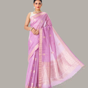 Lavender Handloom Linen Saree With Floral Buttas
