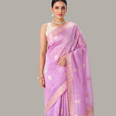 Lavender Handloom Linen Saree With Floral Buttas