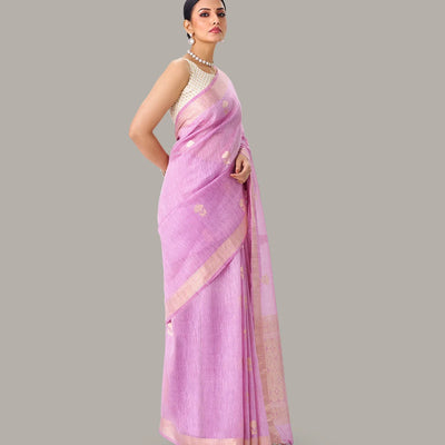 Lavender Handloom Linen Saree With Floral Buttas