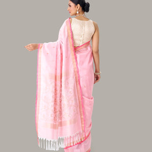 Baby Pink Handloom Uppada Silk Saree With Zari Buttas