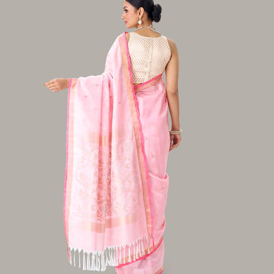 Baby Pink Handloom Uppada Silk Saree With Zari Buttas