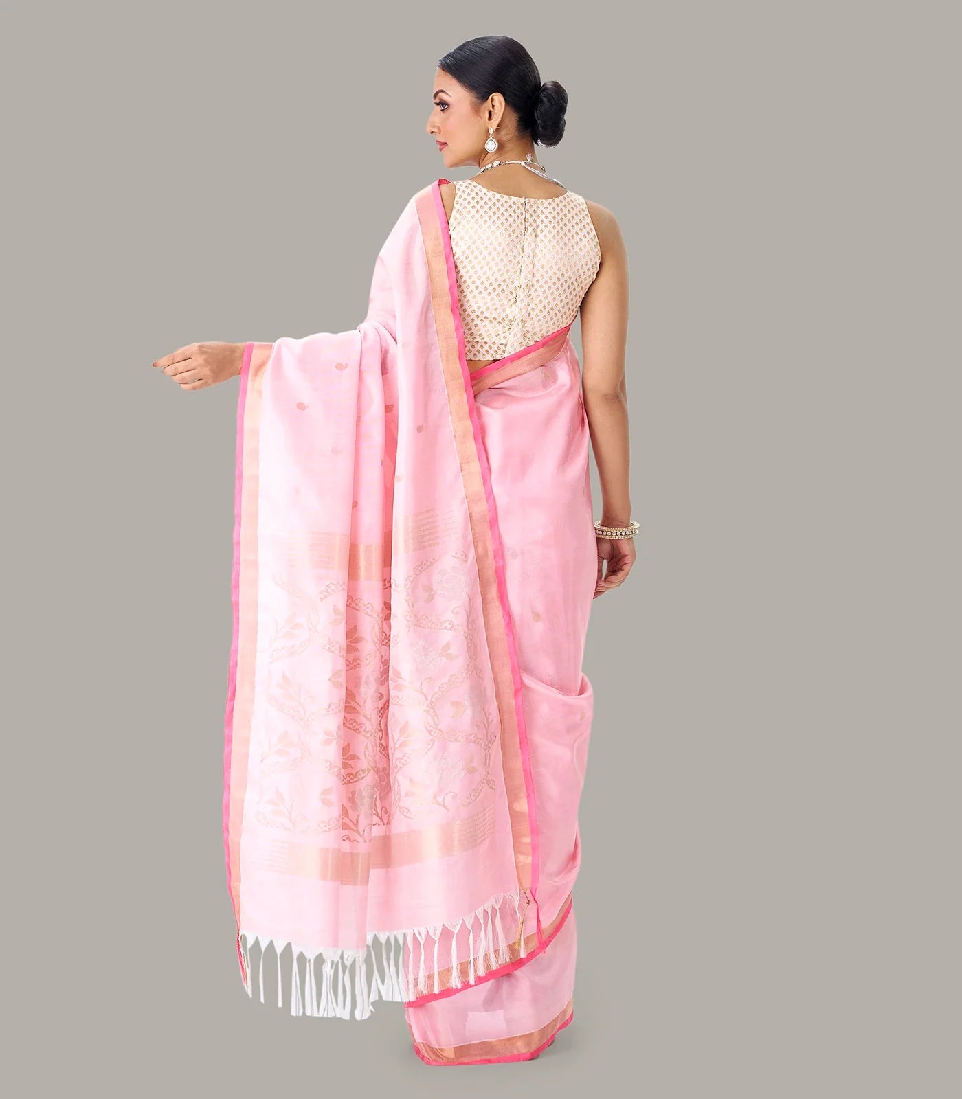 Baby Pink Handloom Uppada Silk Saree With Zari Buttas