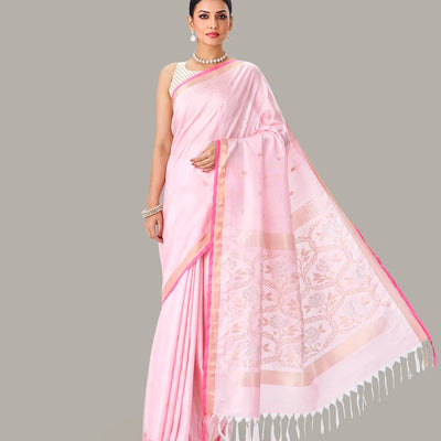 Baby Pink Handloom Uppada Silk Saree With Zari Buttas