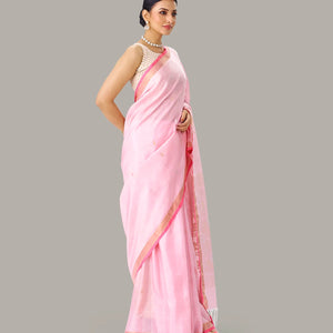 Baby Pink Handloom Uppada Silk Saree With Zari Buttas