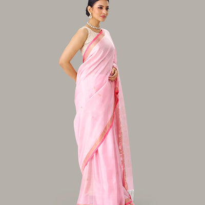 Baby Pink Handloom Uppada Silk Saree With Zari Buttas
