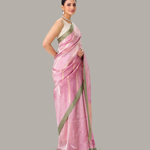 Baby Pink Handloom Banarasi Silk Saree With Diagonal Floral Motifs
