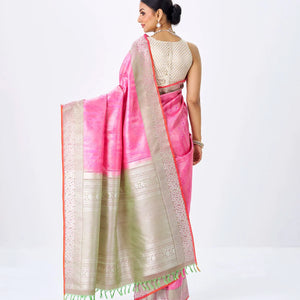 Bubble-gum Pink Handloom Kanchipuram Silk Saree With Floral Motifs