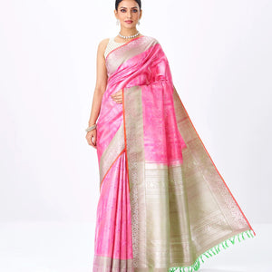 Bubble-gum Pink Handloom Kanchipuram Silk Saree With Floral Motifs