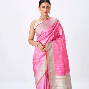 Bubble-gum Pink Handloom Kanchipuram Silk Saree With Floral Motifs