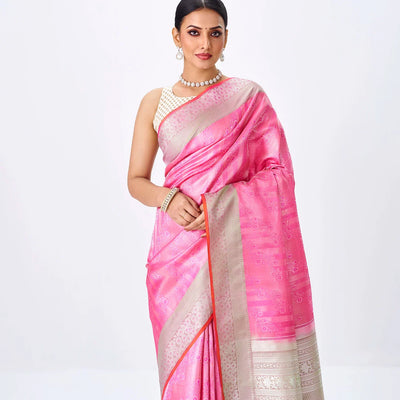 Bubble-gum Pink Handloom Kanchipuram Silk Saree With Floral Motifs