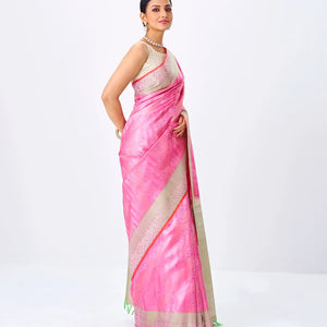 Bubble-gum Pink Handloom Kanchipuram Silk Saree With Floral Motifs