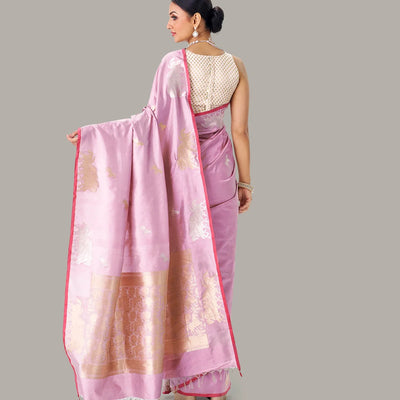 Dusty Pink Handloom Banarasi Silk Saree With Horse Buttas