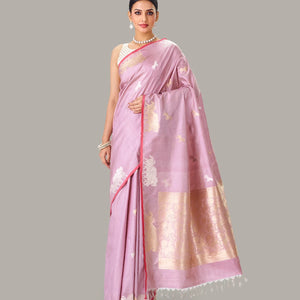 Dusty Pink Handloom Banarasi Silk Saree With Horse Buttas