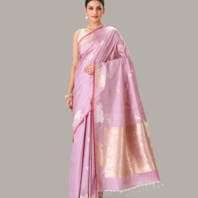 Dusty Pink Handloom Banarasi Silk Saree With Horse Buttas